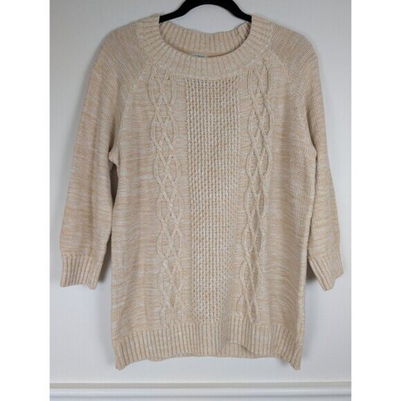 LL Bean Cable Knit Fisherman Pullover Sweater Women Large Beige 3/4 Sleeve - Picture 1 of 5